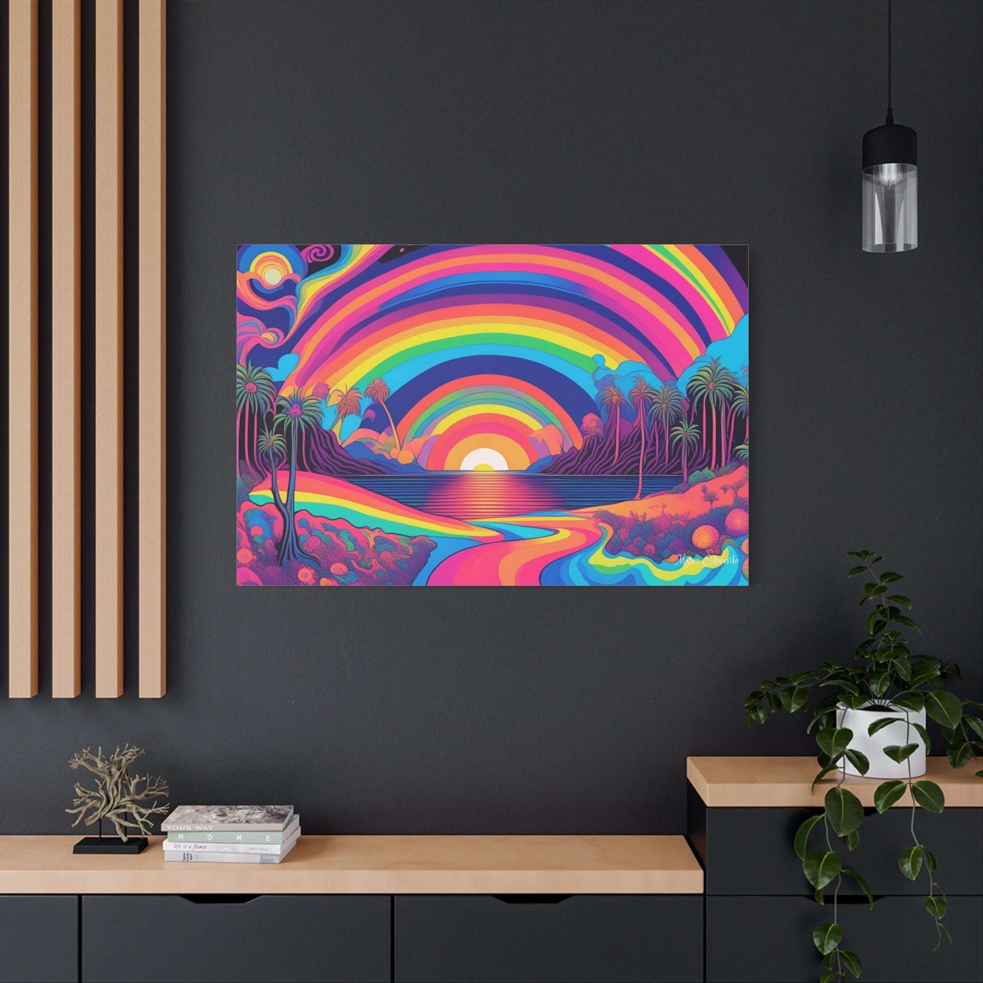 Vibrant Rainbow Vista Psychedelic Gothic Canvas Art showcasing a radiant sunset and lush landscapes, perfect for any decor.