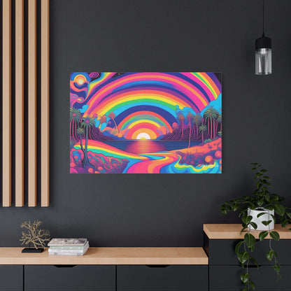Vibrant Rainbow Vista Psychedelic Gothic Canvas Art showcasing a radiant sunset and lush landscapes, perfect for any decor.