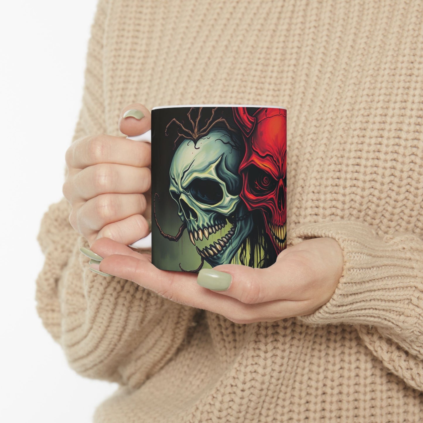 Stylish Infernal Trinity Skull Ceramic Mug featuring three detailed skulls in striking colors, perfect for unique coffee lovers.