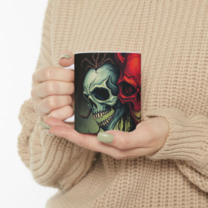 Stylish Infernal Trinity Skull Ceramic Mug featuring three detailed skulls in striking colors, perfect for unique coffee lovers.