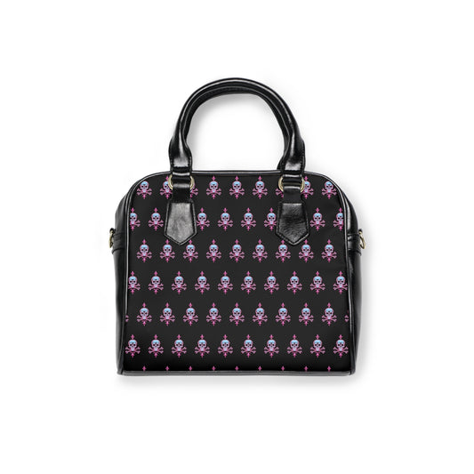 Stylish Skull & Crossbones Iridescent Shoulder Handbag with captivating skull pattern on a classic black backdrop.