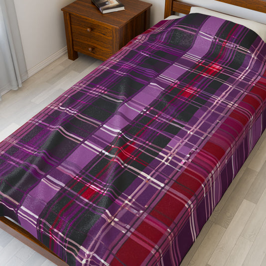Cozy up with the Shadow Grid: Violet Plaid Gothic Velveteen Blanket, featuring rich violet and crimson plaid patterns.