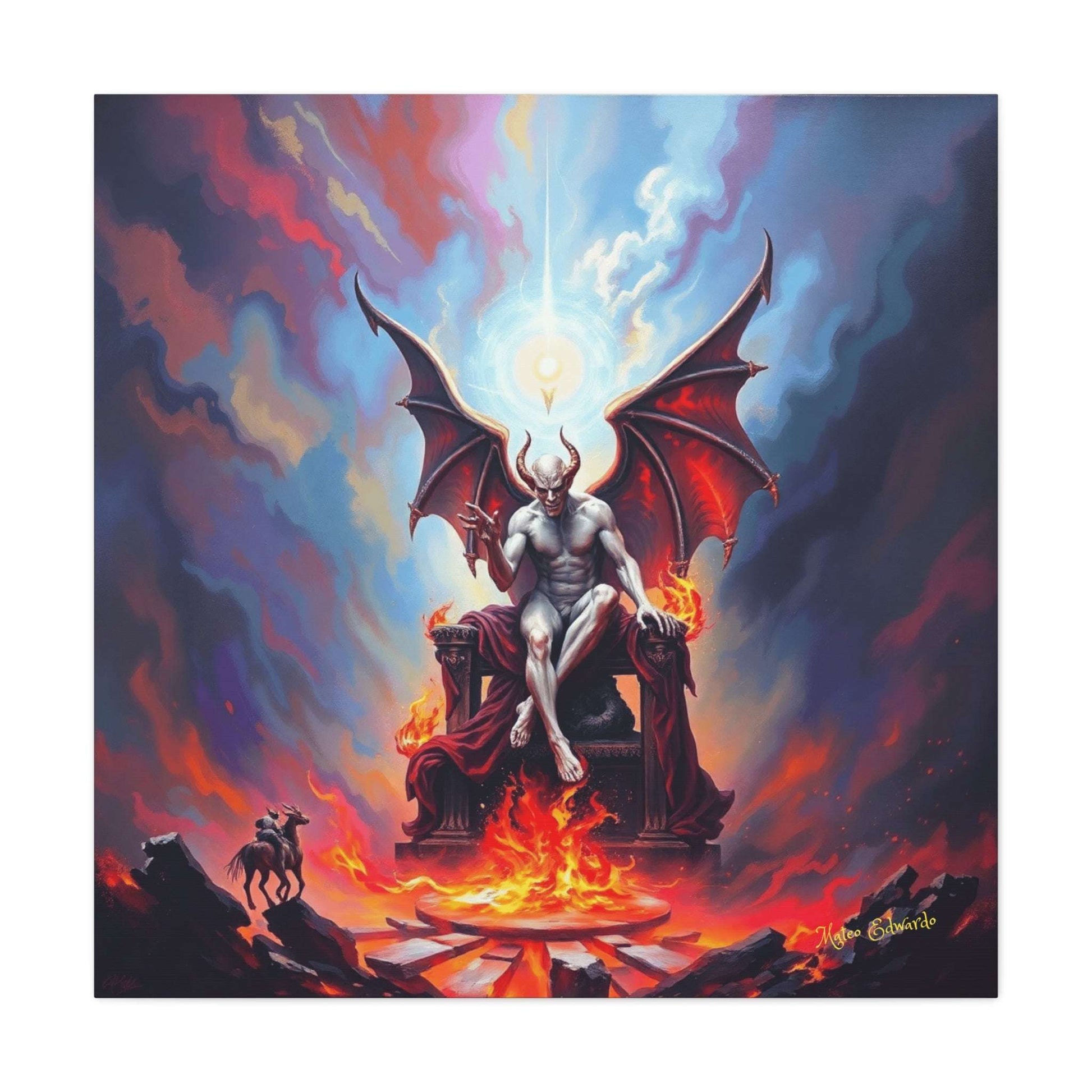 Dramatic Astral Despot: Luminary Descent Gothic Art features a demonic lord in fiery, shadowy hues. Perfect for collectors.