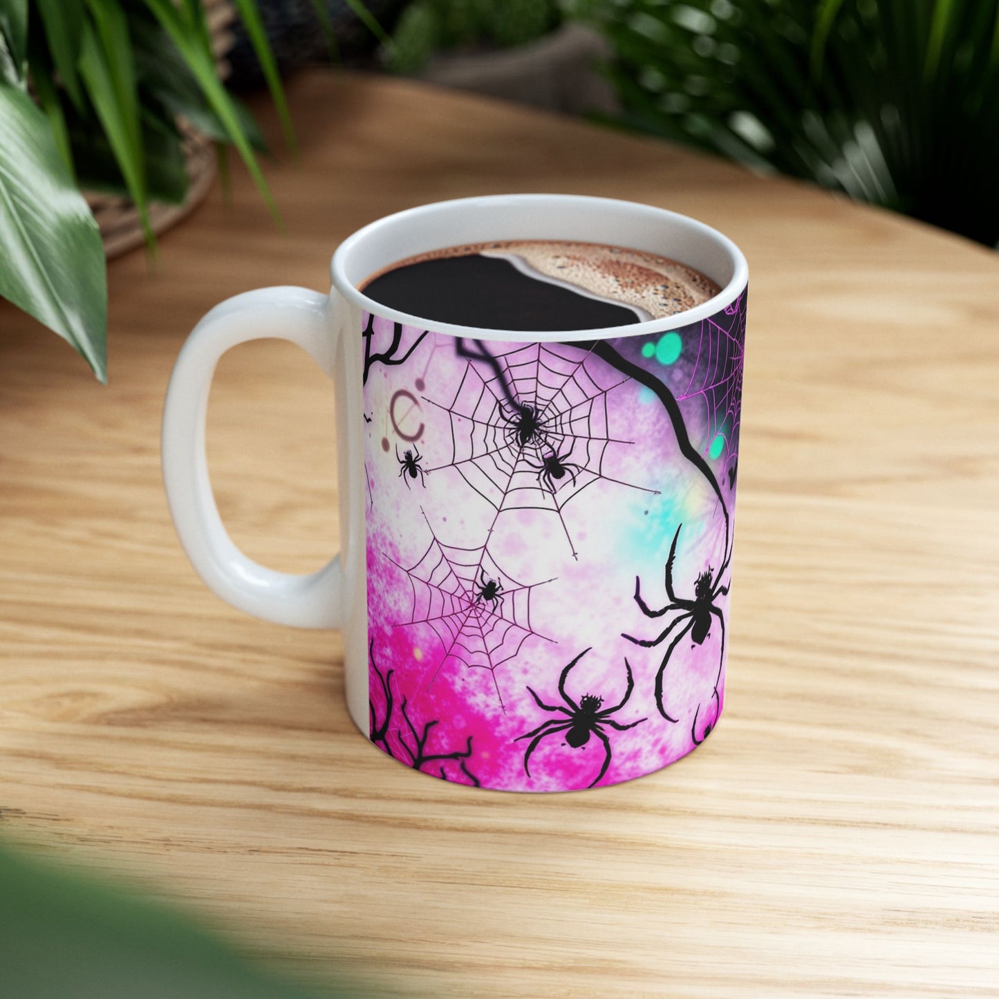 Arachnid Web Shadow Ceramic Mug showcases intricate spider webs and shadowy arachnids on a vibrant backdrop.