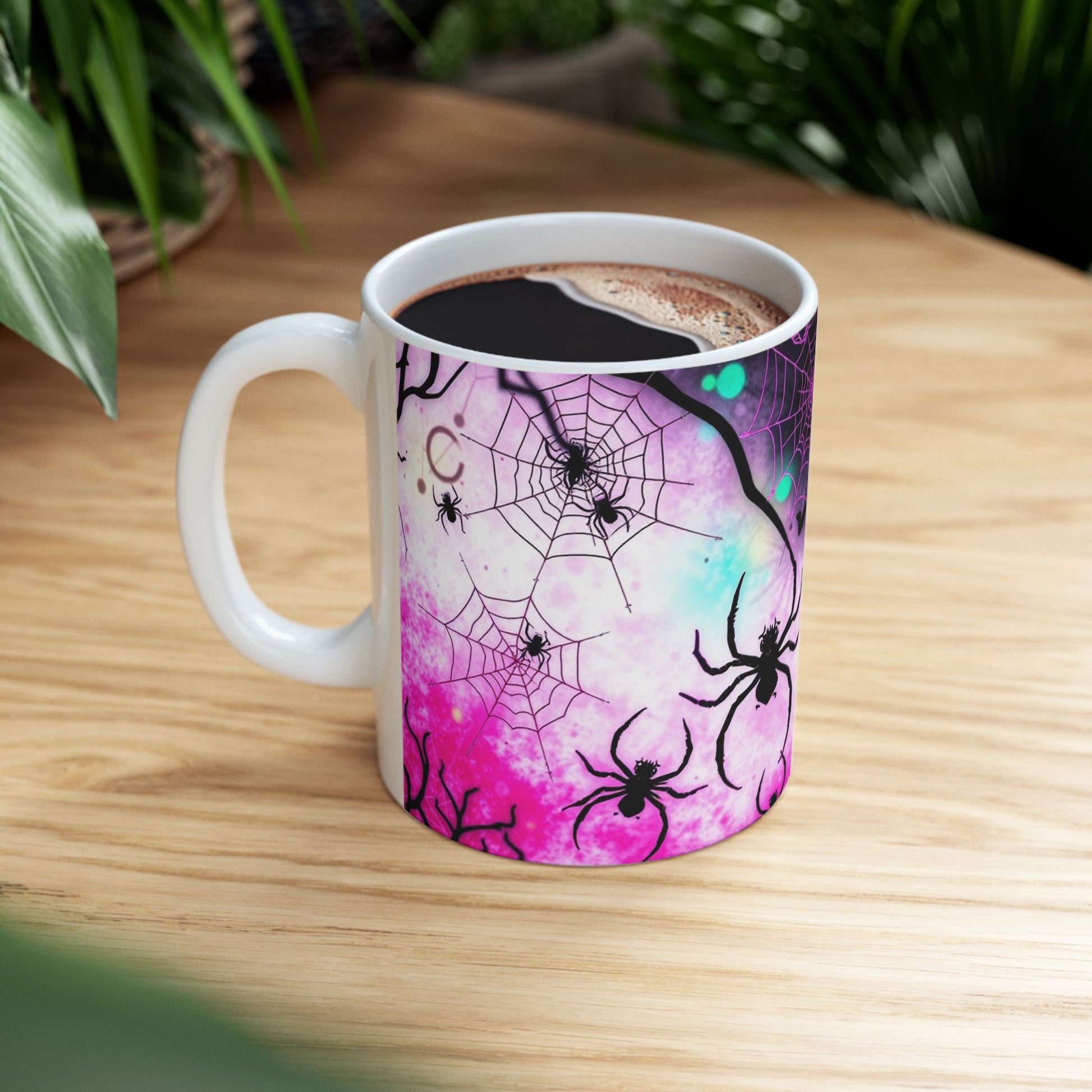 Arachnid Web Shadow Ceramic Mug showcases intricate spider webs and shadowy arachnids on a vibrant backdrop.