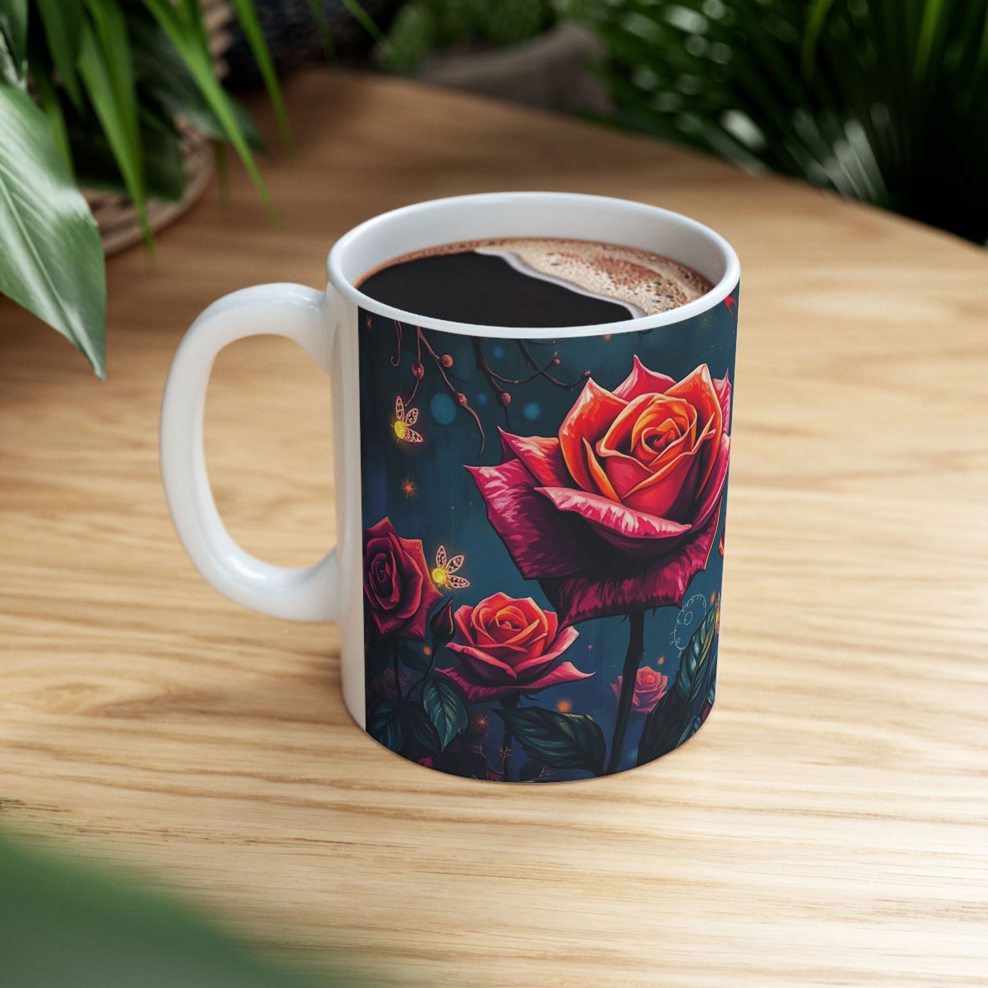 Twilight Rose Lantern Ceramic Mug showcases vibrant roses against a dark backdrop, perfect for enchanting sips.