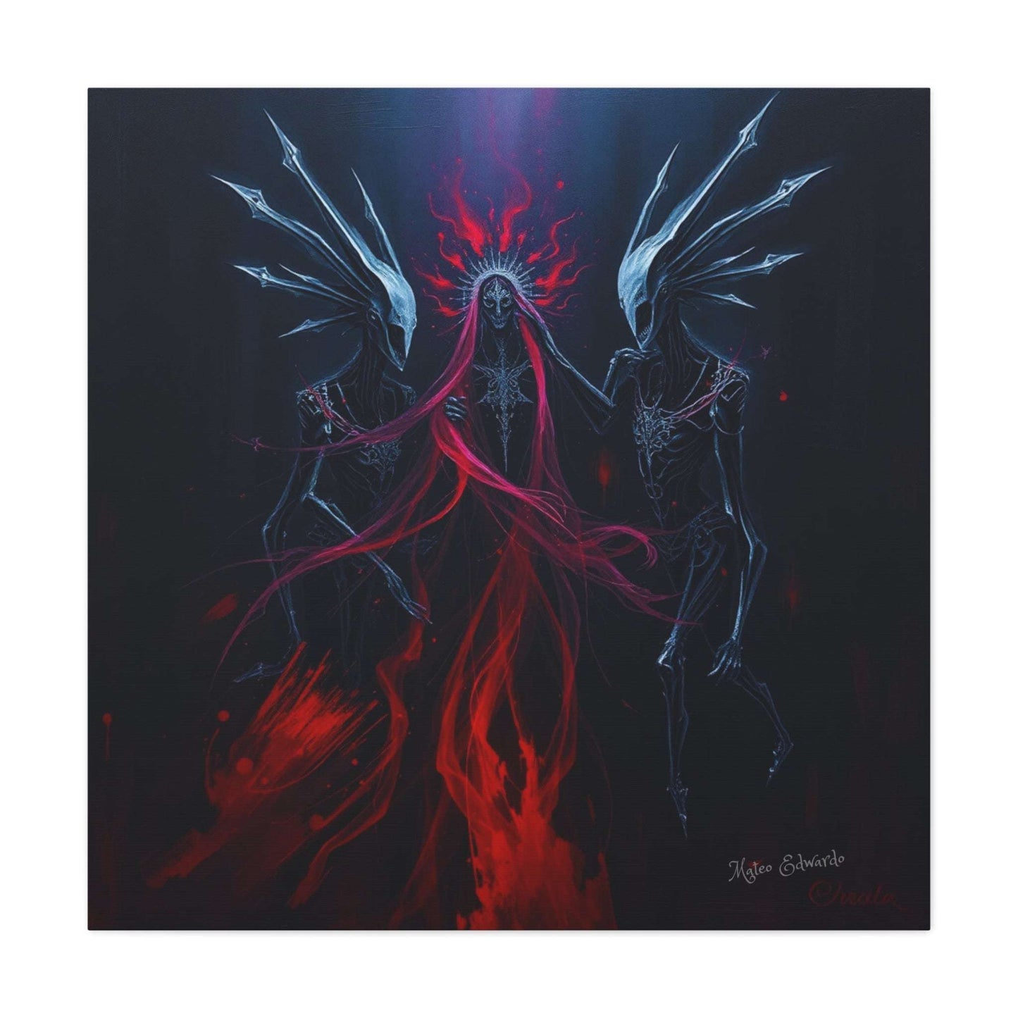 Dark and captivating, Shadow Syndicate: Crimson Descent Gothic Art features three spectral figures in crimson hues.