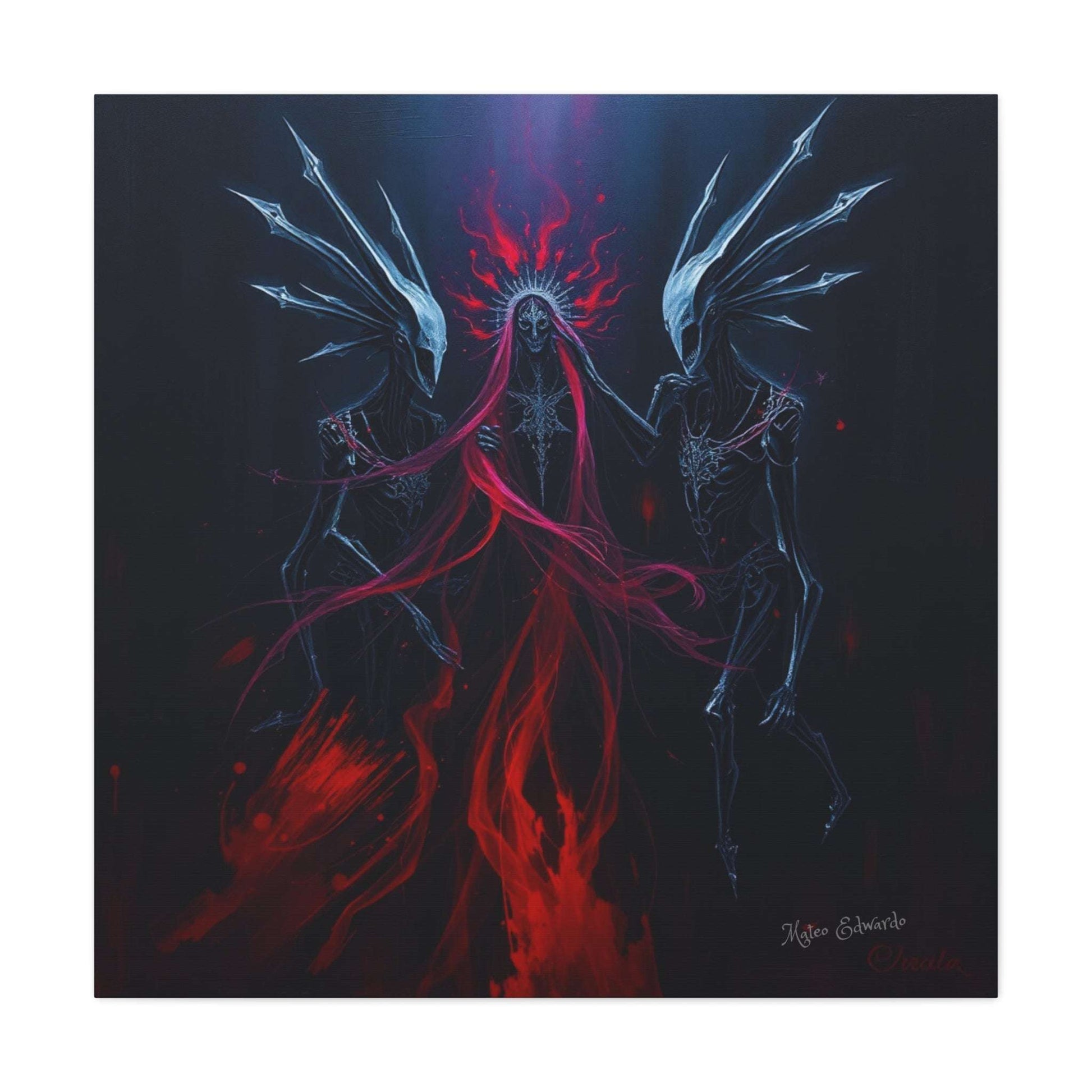 Dark and captivating, Shadow Syndicate: Crimson Descent Gothic Art features three spectral figures in crimson hues.