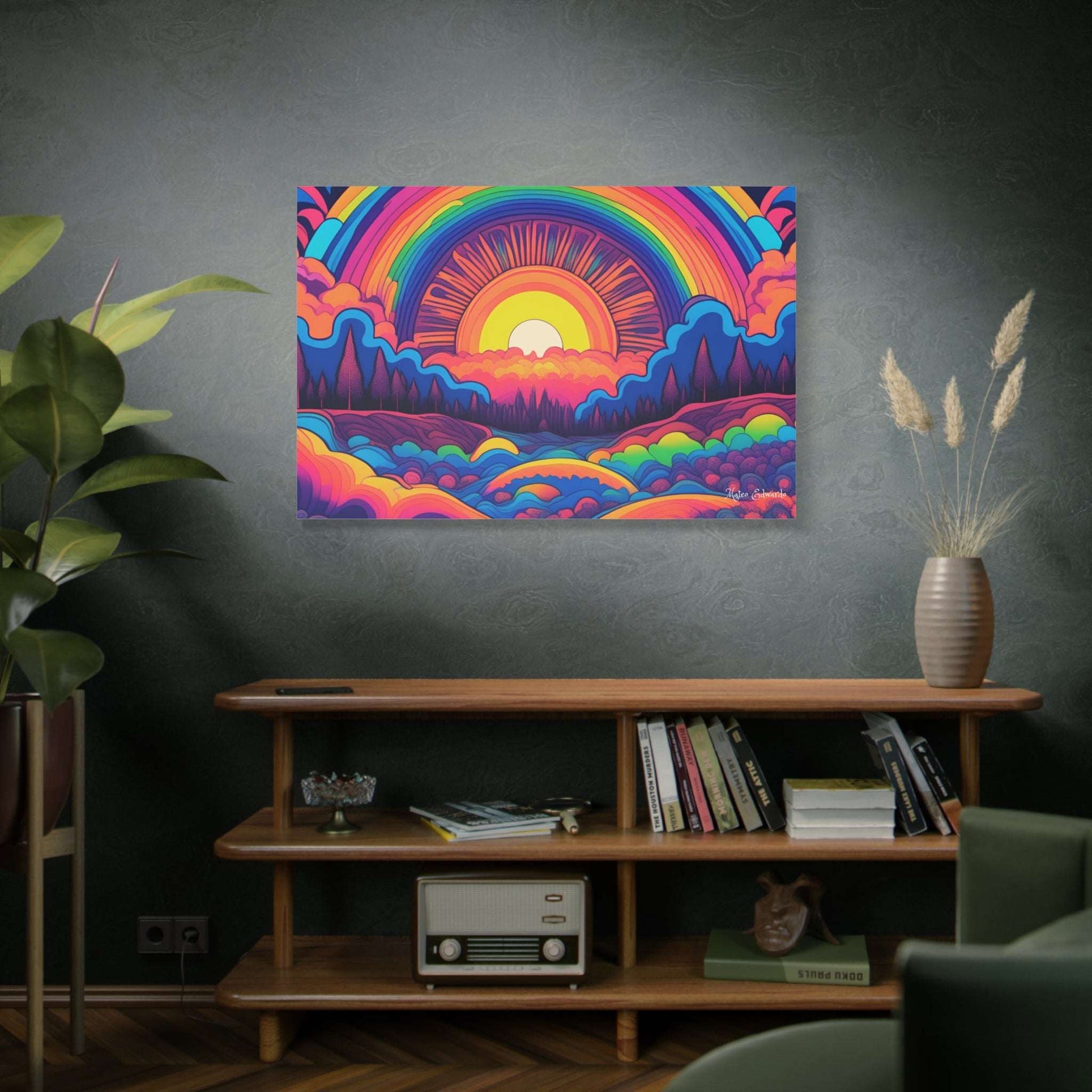Vibrant Rainbow Radiance Psychedelic Gothic Canvas Art brightens any space with its surreal landscape and colors.