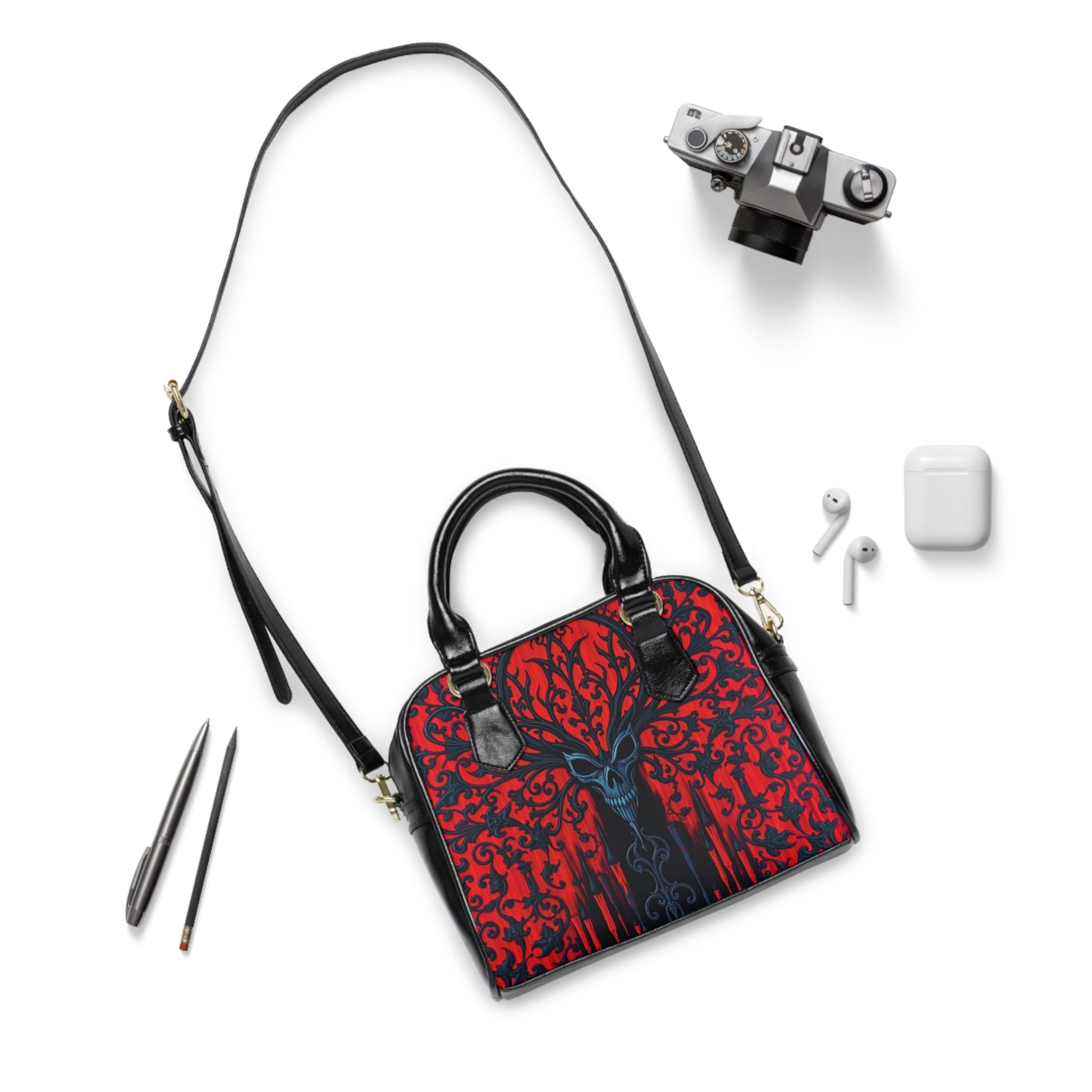 Crimson Glyph: Shadow Skull Shoulder Bag showcases a gothic design with intricate crimson glyphs and a striking skull.