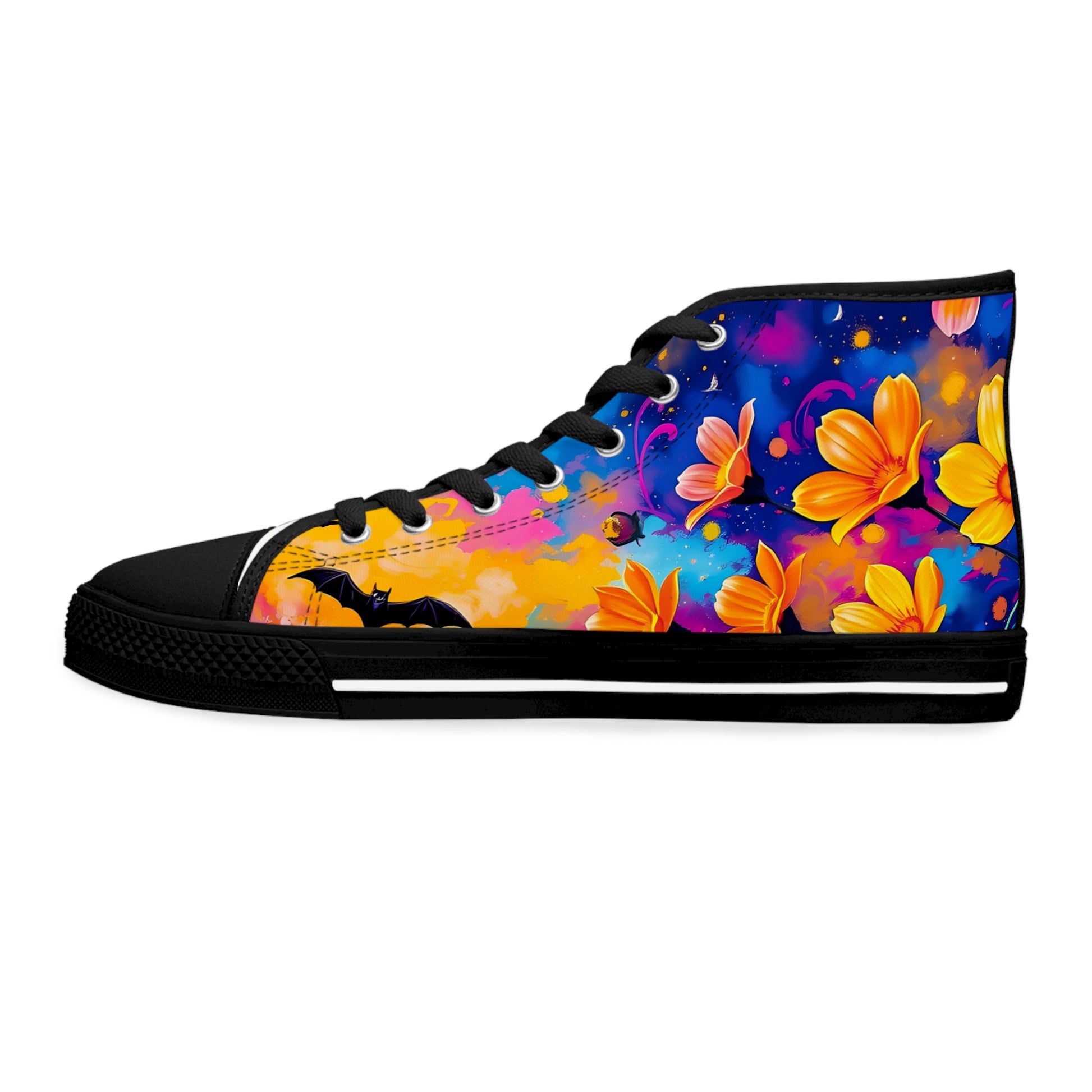 Midnight Floral & Bats Women's High Top Canvas Sneakers showcase a vibrant design blending Gothic art with modern style.