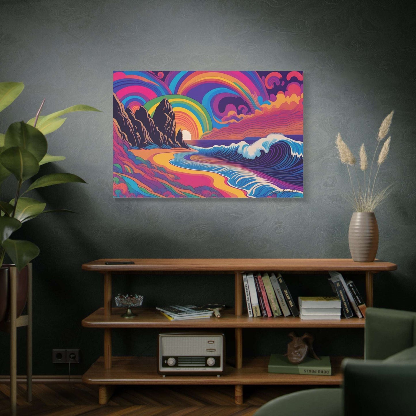 Vibrant waves and colorful landscapes in the Shoreline Spectrum Psychedelic Gothic Canvas Art for a stunning decor.