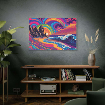 Vibrant waves and colorful landscapes in the Shoreline Spectrum Psychedelic Gothic Canvas Art for a stunning decor.