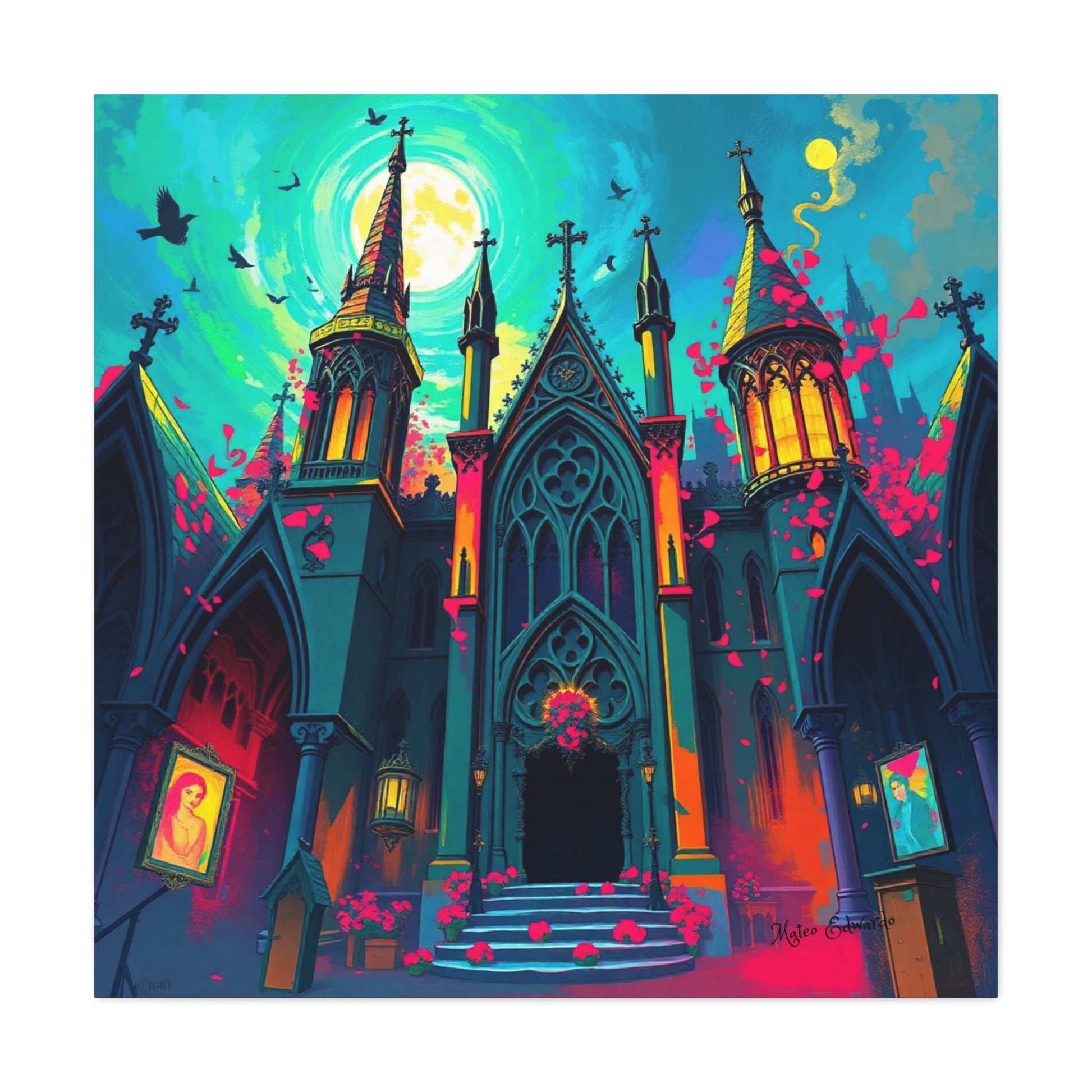 Vivid colors illuminate the gothic sanctuary in Luminescent Apex: Chromatic Gothic Sanctuary Art, showcasing its stunning architecture.
