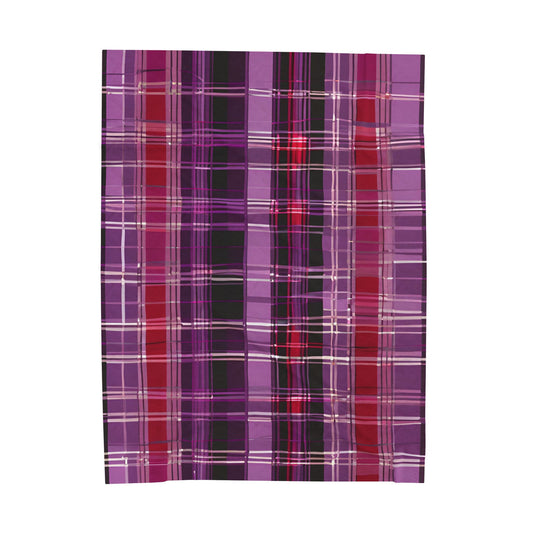 Cozy up with the Shadow Grid: Violet Plaid Gothic Velveteen Blanket, featuring a stunning purple and crimson plaid design.