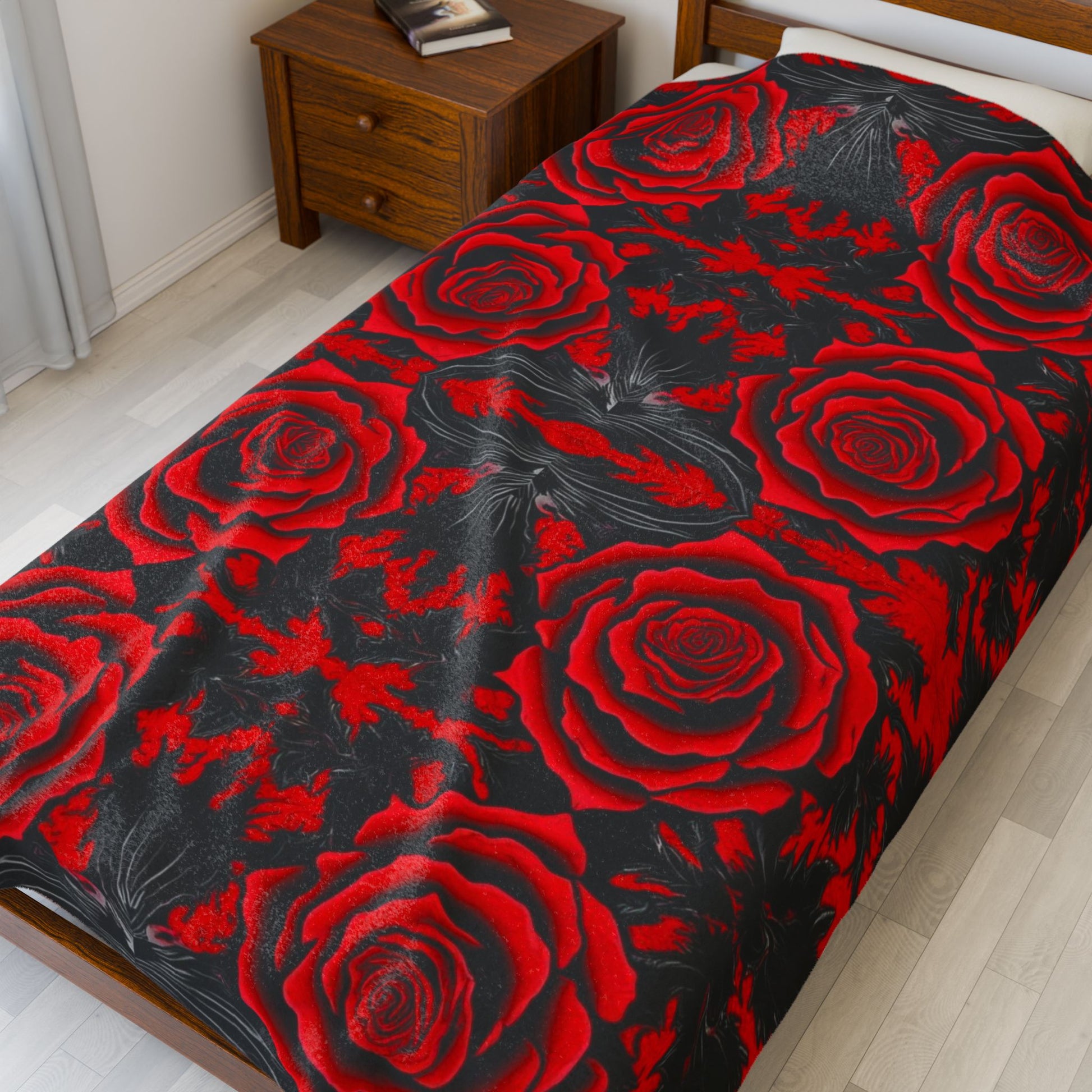 Wrap yourself in the luxurious Crimson Bloom: Shadow Rose Blanket, featuring vibrant roses on a dark, enchanting backdrop.