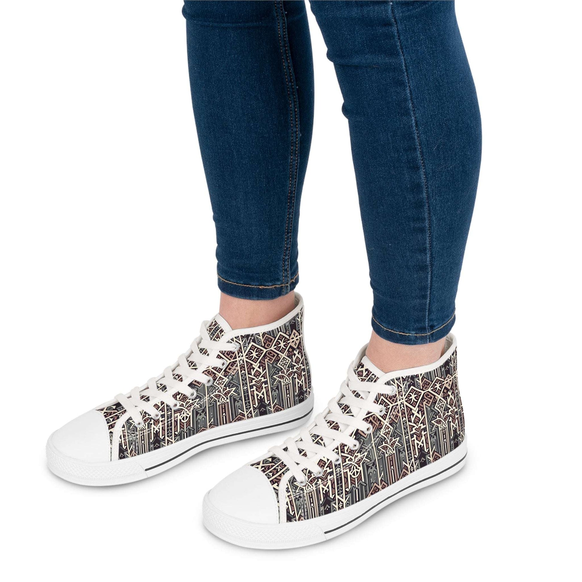 Step into style with Gothic Glyphs Shadow Weaver Women's High-Top Canvas Sneakers featuring intricate gothic designs.