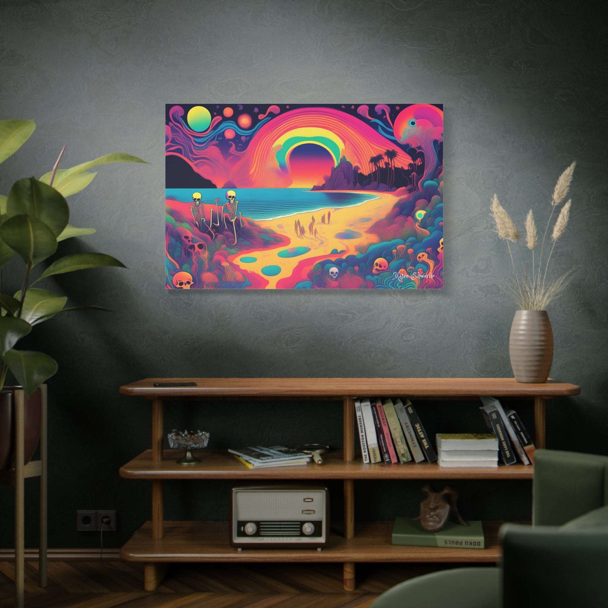 Transform your space with Beach of Souls Pschydelic Gothic Canvas Art, featuring a vibrant, surreal beach scene.