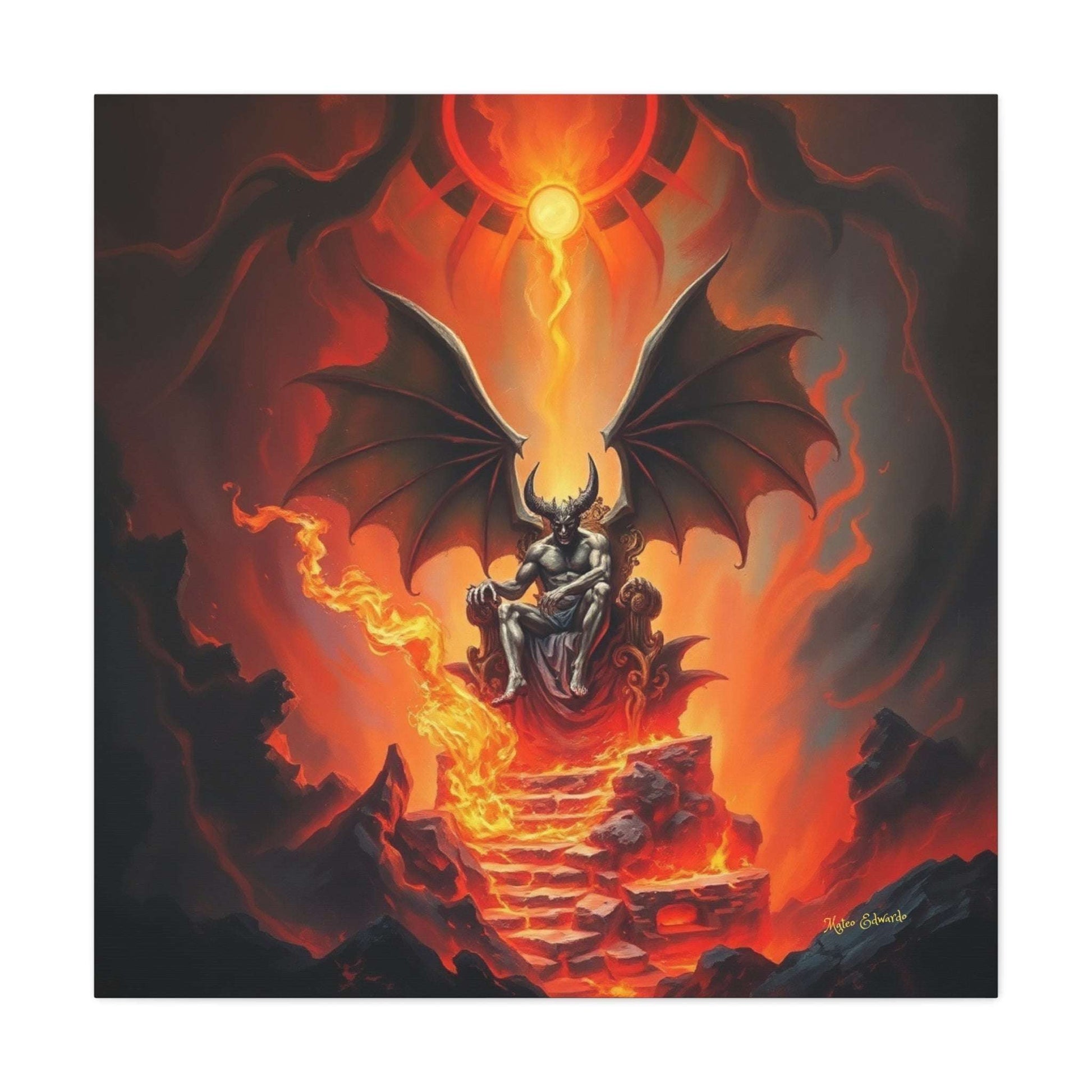 Demonic figure on a cinder throne, wings spread, embodies power in Solar Tyrant: Cinder Throne Ascension Gothic Art.