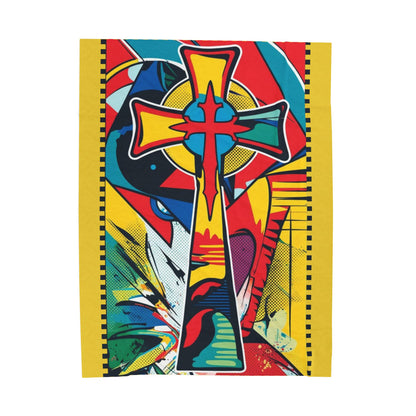 Wrap yourself in the vibrant Iconoclast's Cross: Abstract Symbol Velveteen Blanket, showcasing a bold, abstract design.