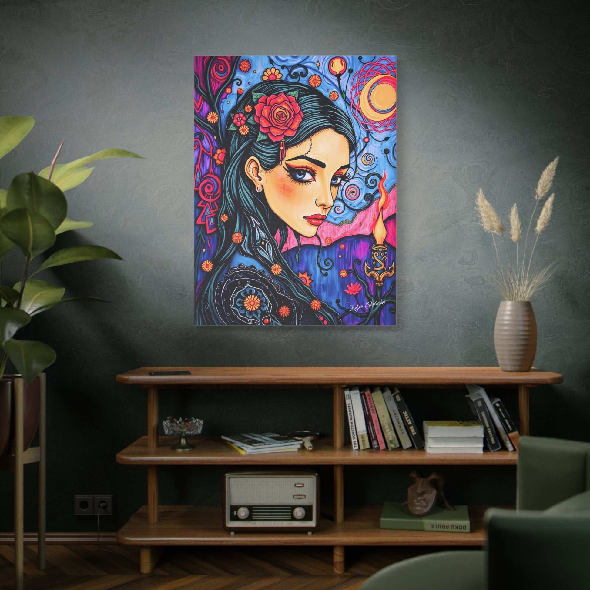 Vivid Dream Weaver: Floral Enchantress Canvas Art featuring a woman’s gaze and surreal floral patterns, perfect for decor.