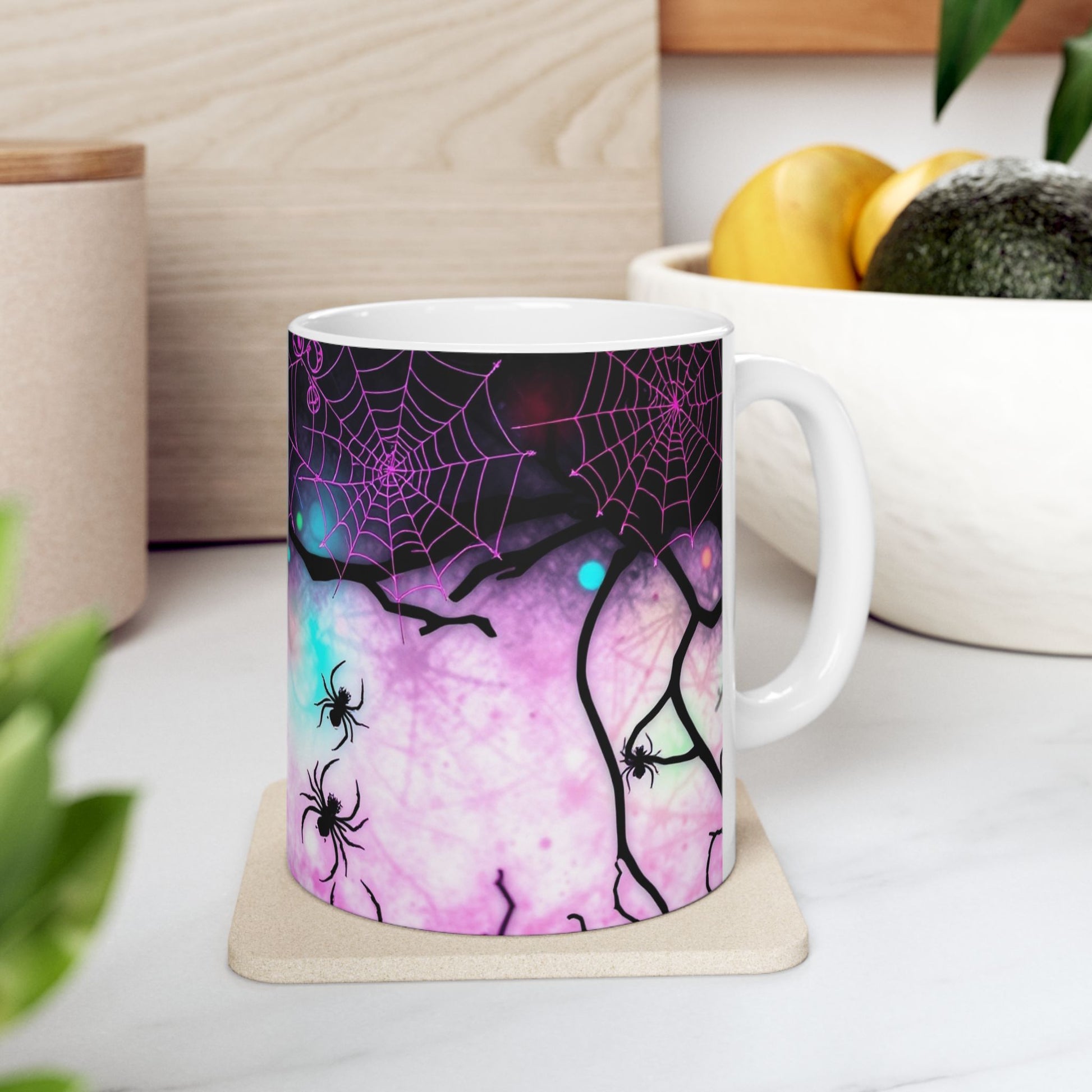 Arachnid Web Shadow Ceramic Mug showcases intricate spider webs with shadowy arachnids on a textured backdrop.