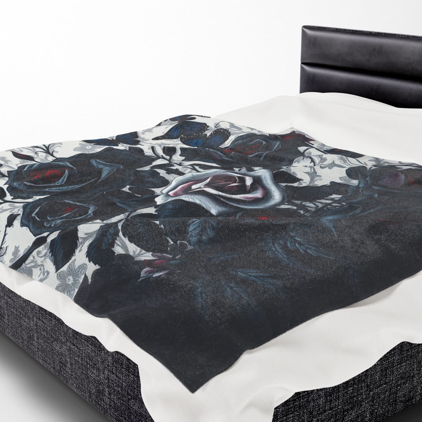 Wrap yourself in the elegance of the Midnight Petals: Noir Rose Velveteen Blanket featuring stunning noir roses.