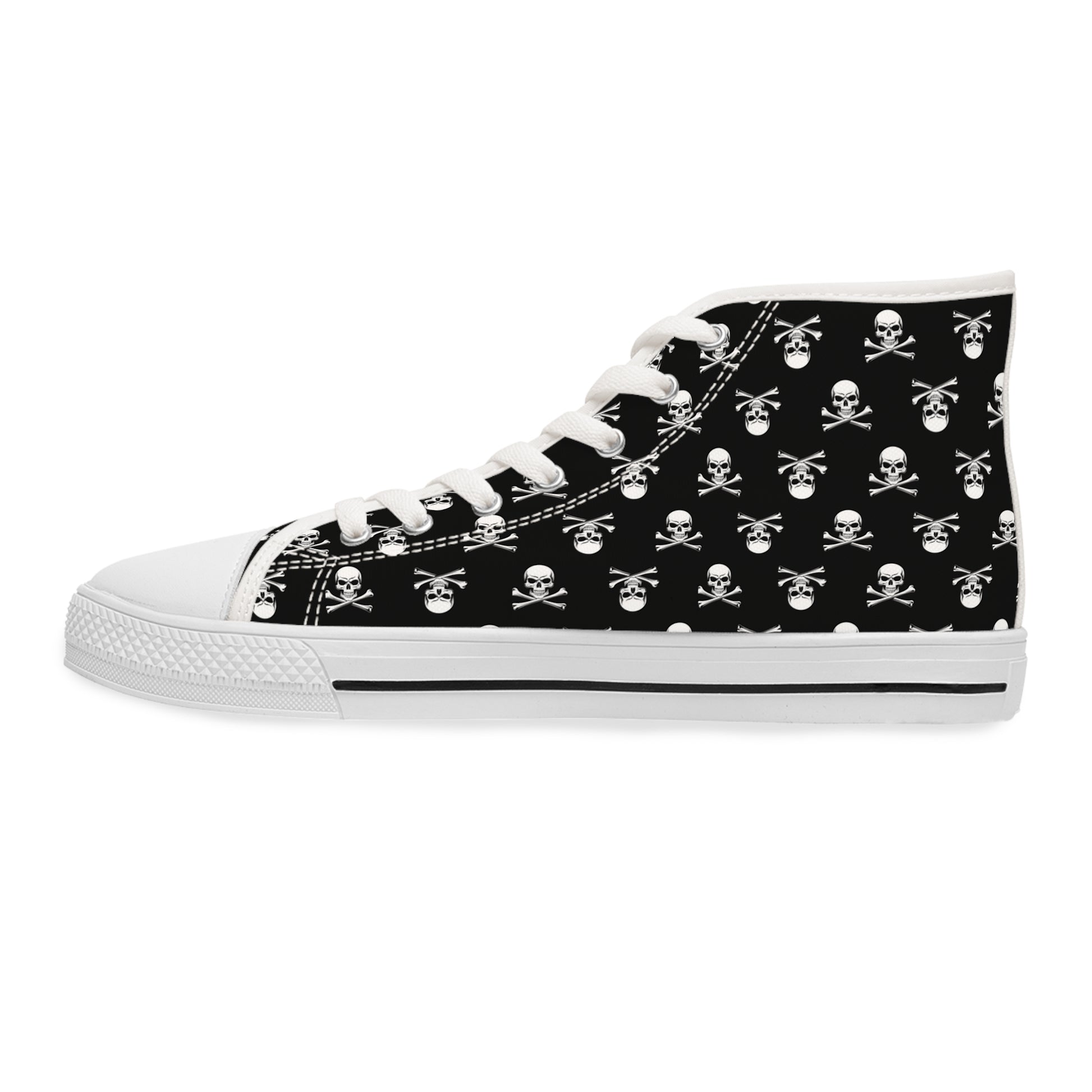 Classic Skull & Crossbones Women's High-Top Sneakers featuring a bold skull pattern for a stylish, Gothic flair.