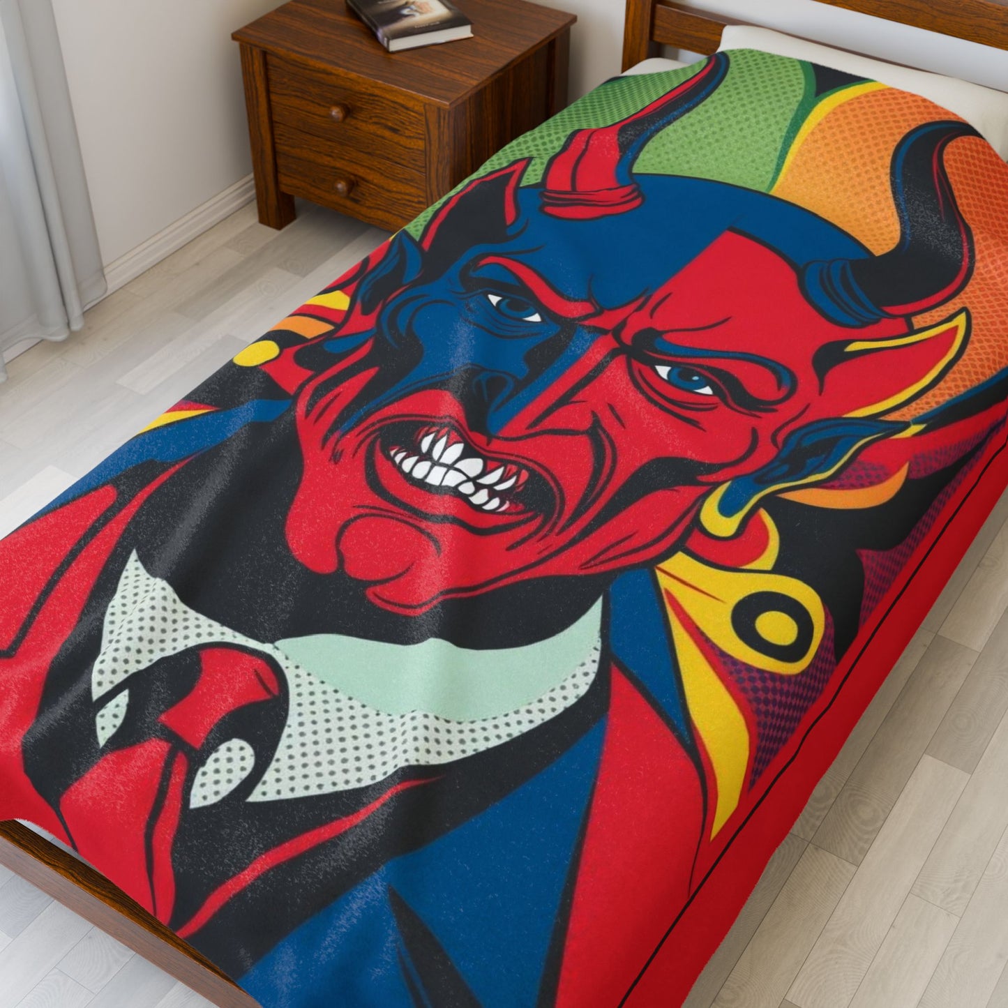 Wrap yourself in the vibrant Infernal Grin: Devil's Advocate Velveteen Blanket showcasing a striking devilish design.