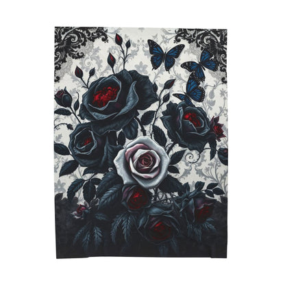 Embrace elegance with the Midnight Petals: Noir Rose Velveteen Blanket, showcasing dark roses and butterflies.
