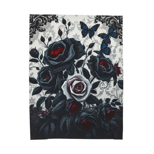 Embrace elegance with the Midnight Petals: Noir Rose Velveteen Blanket, showcasing dark roses and butterflies.