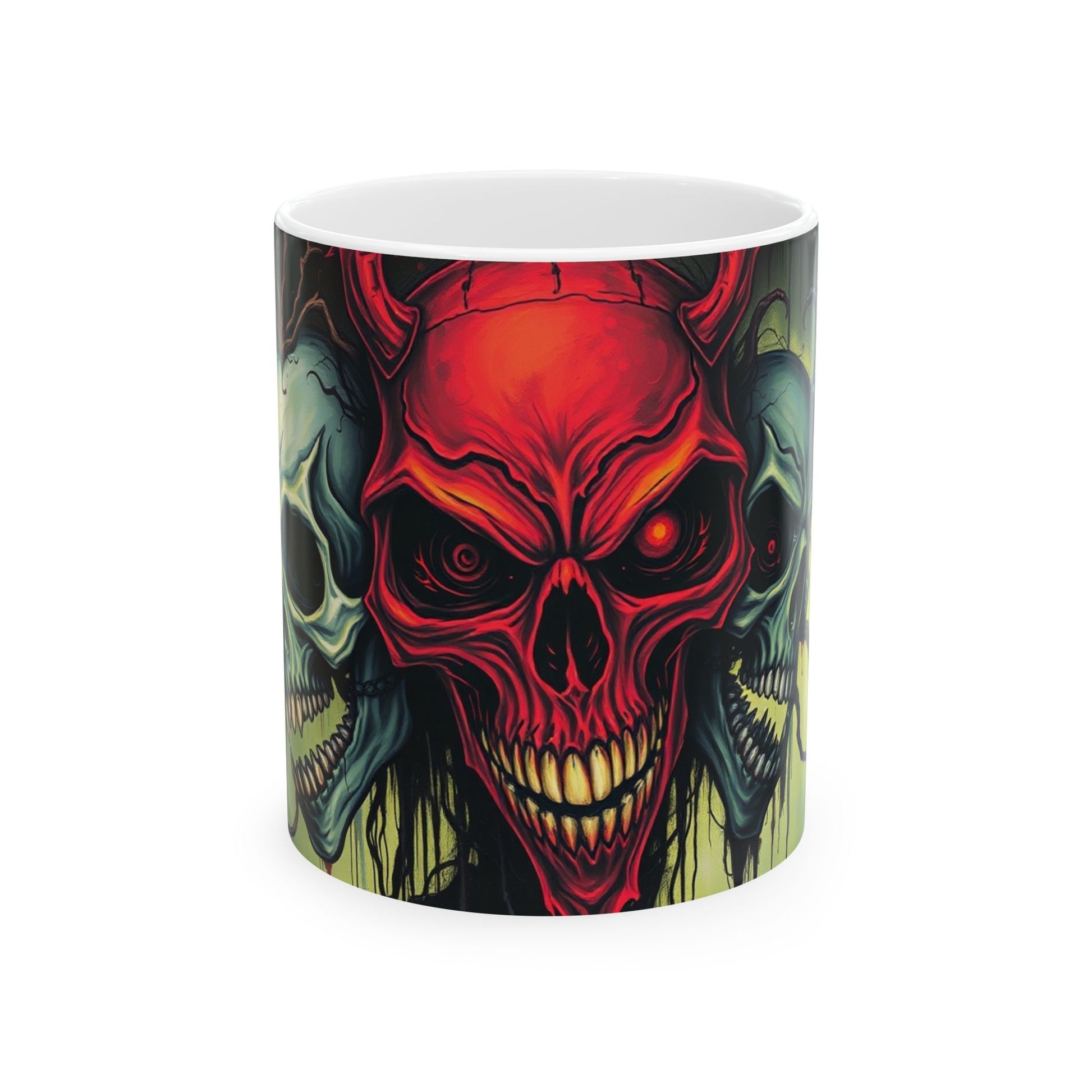 Stylish Infernal Trinity Skull Ceramic Mug featuring three detailed skulls in red and grey for a unique drinkware experience.