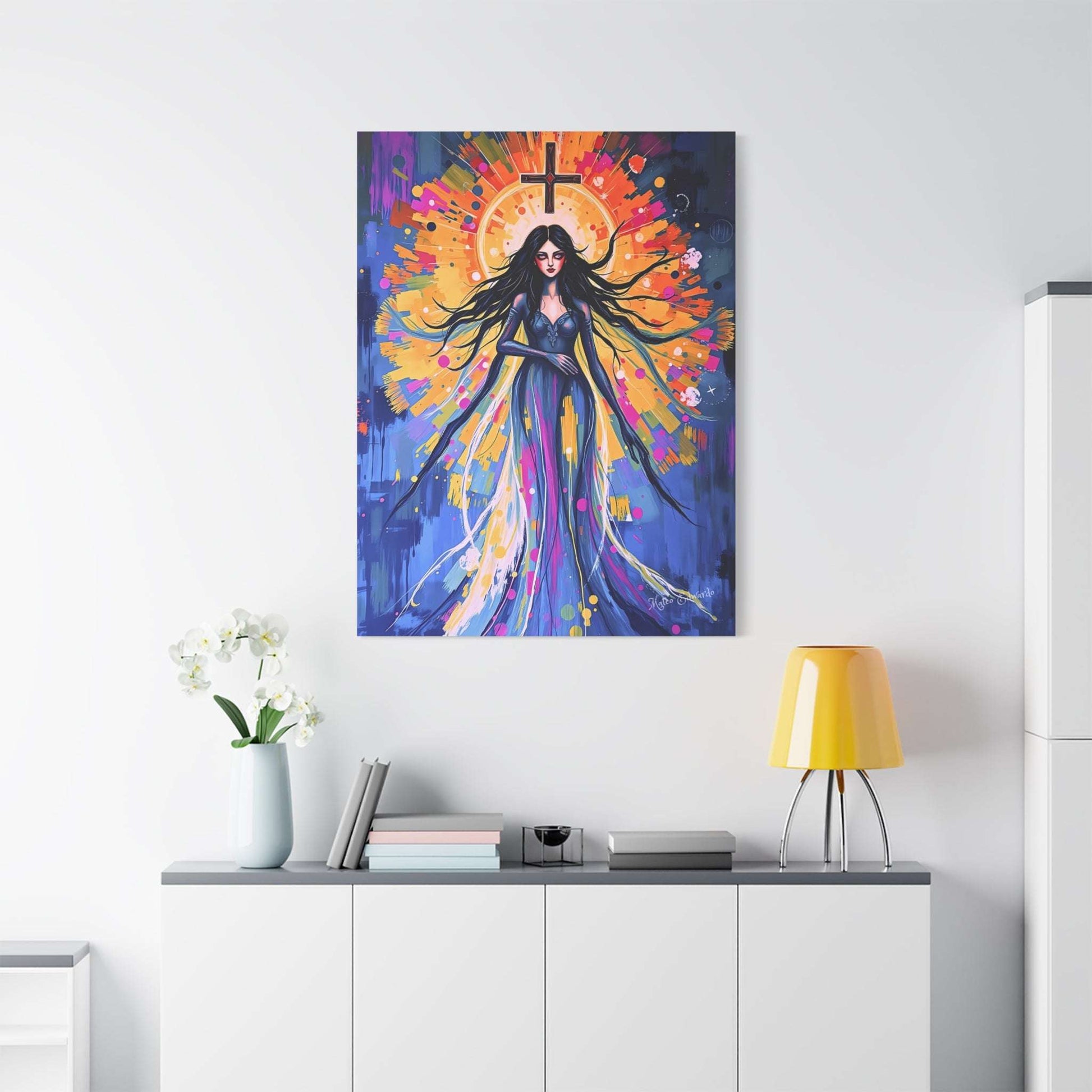 Transform your space with the Celestial Descent: Symbolic Icon Gothic Canvas Art, showcasing a dynamic female figure.