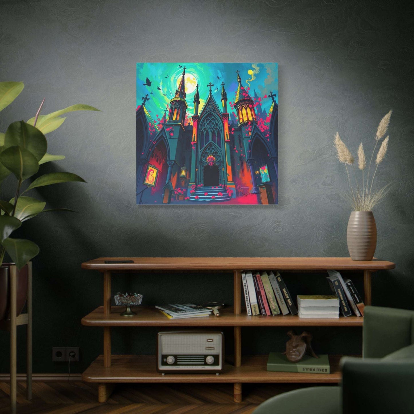 Vibrant Luminescent Apex: Chromatic Gothic Sanctuary Art showcases a stunning gothic design with vivid colors.