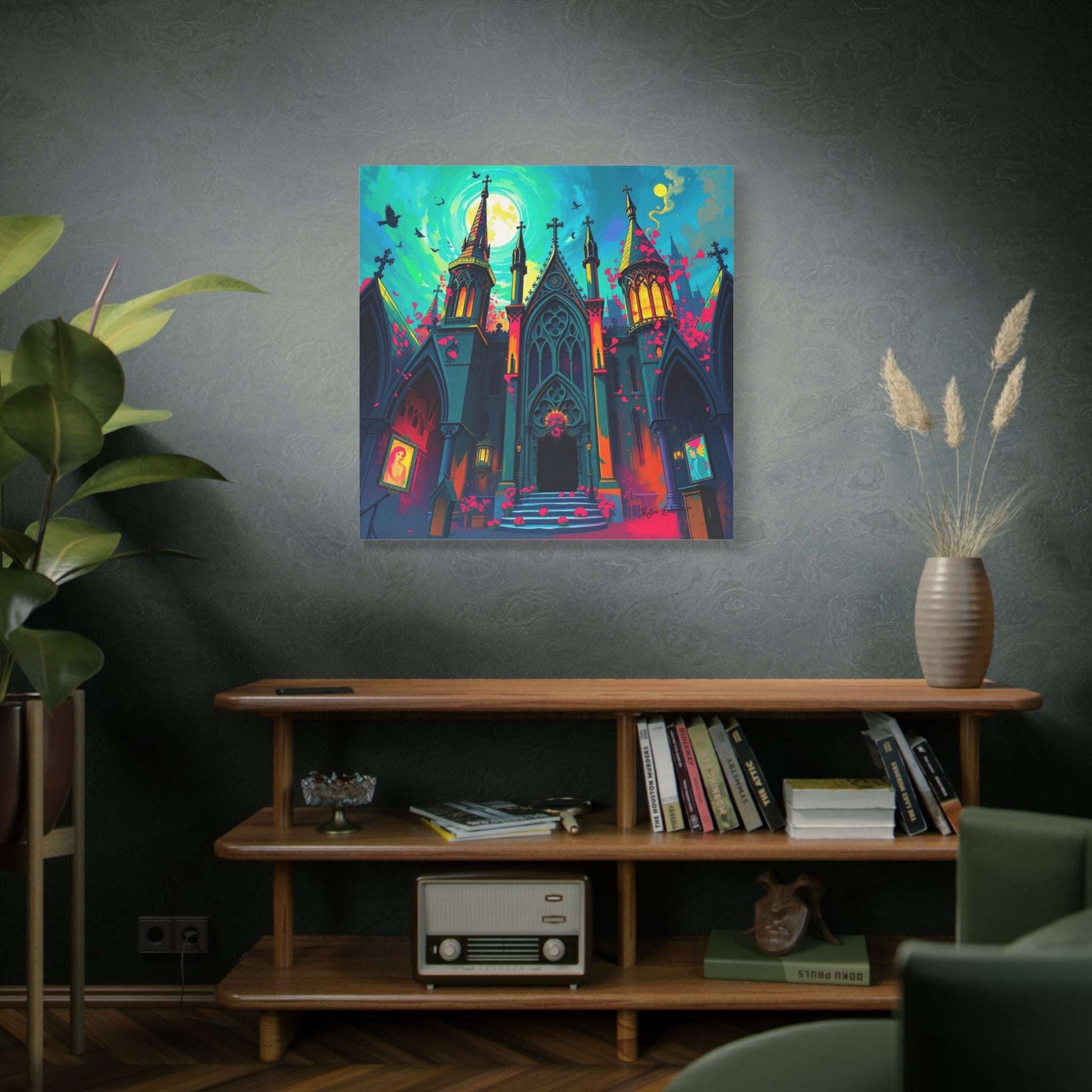 Vibrant Luminescent Apex: Chromatic Gothic Sanctuary Art showcases a stunning gothic design with vivid colors.