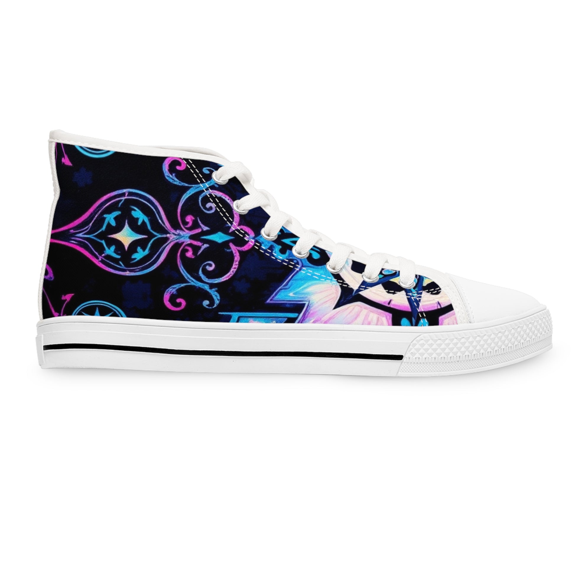 Celestial Scroll: Gothic Art High Top Sneakers showcase intricate gothic artistry and vibrant colors for unique style.