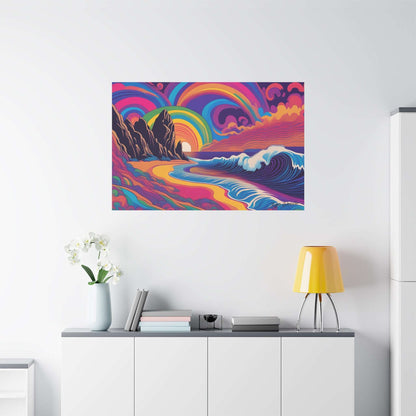 Vibrant Shoreline Spectrum Psychedelic Gothic Canvas Art brightens any space with its dramatic beach landscape.