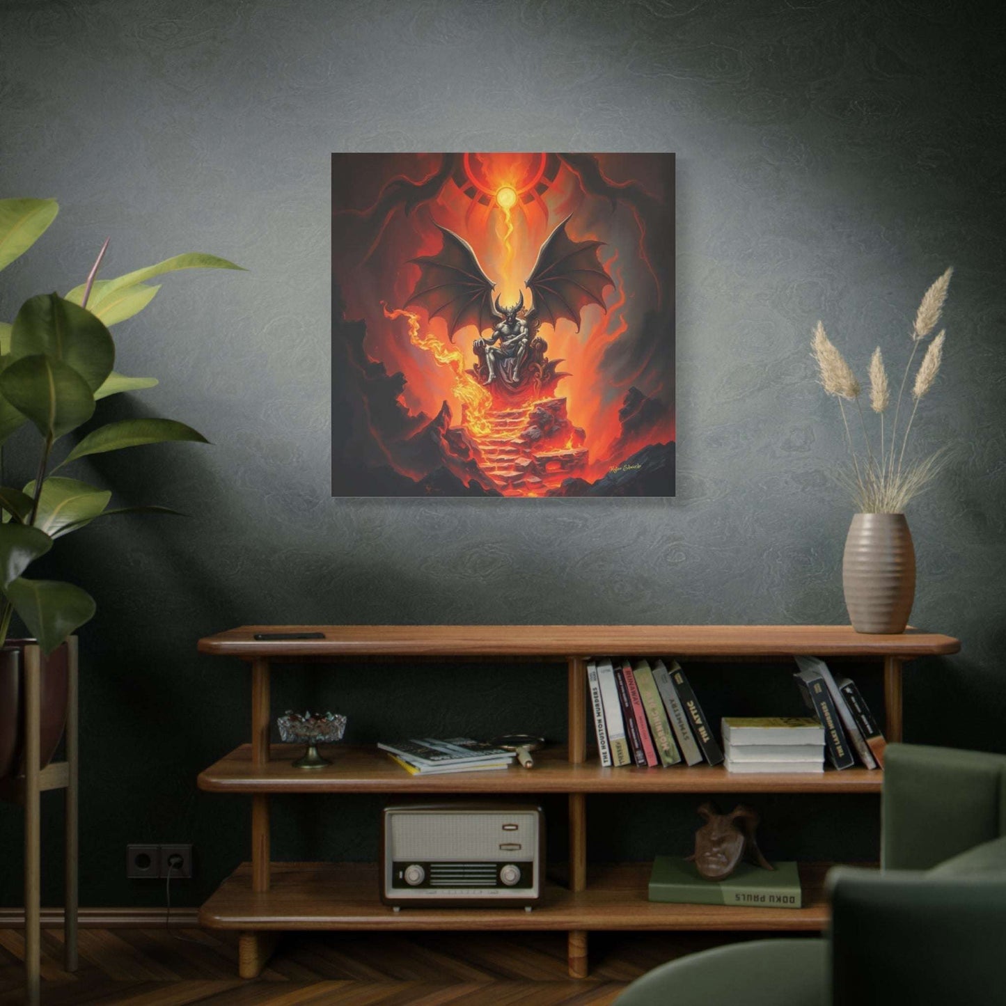 Demonic figure on a cinder throne, bat-like wings spread; Solar Tyrant: Cinder Throne Ascension Gothic Art.