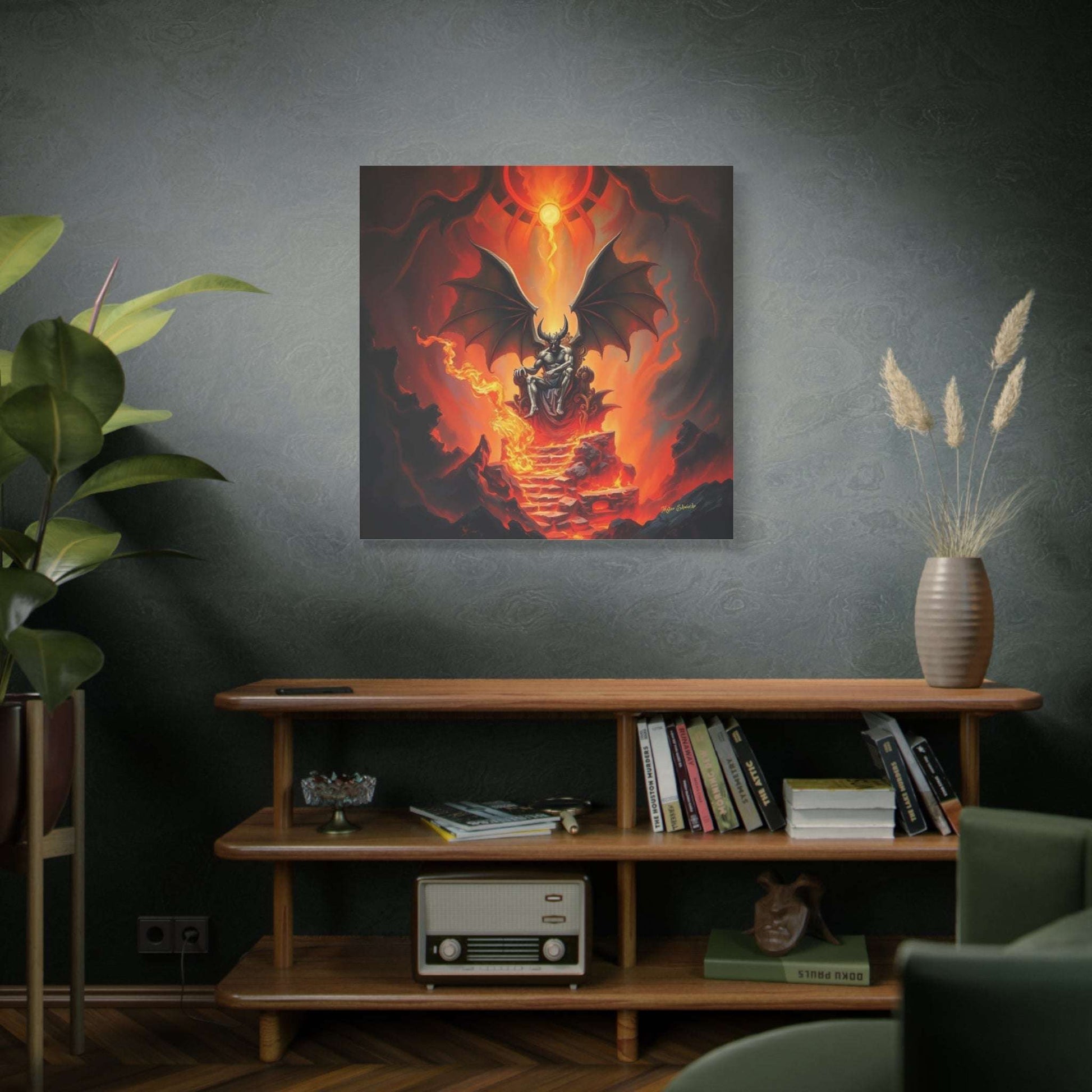 Demonic figure on a cinder throne, bat-like wings spread; Solar Tyrant: Cinder Throne Ascension Gothic Art.