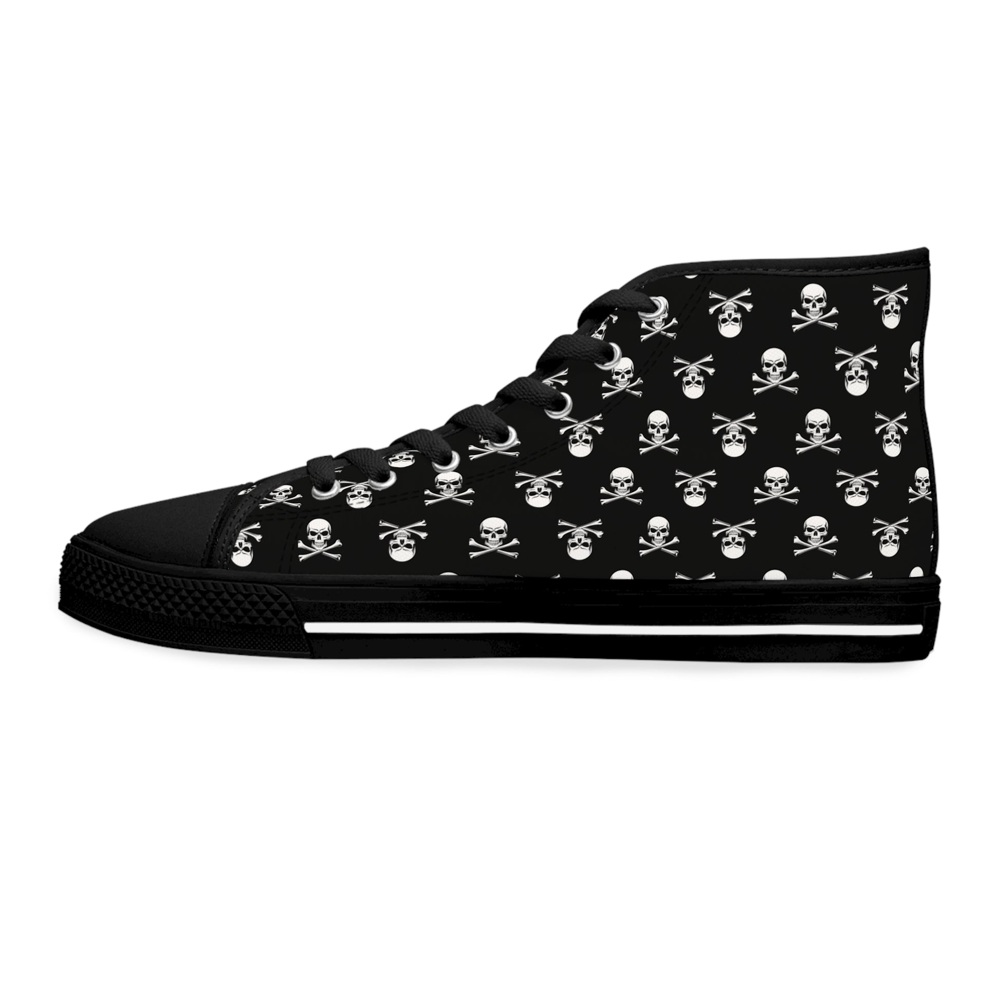 Classic Skull & Crossbones Women's High-Top Sneakers featuring a stylish black design with skull patterns.