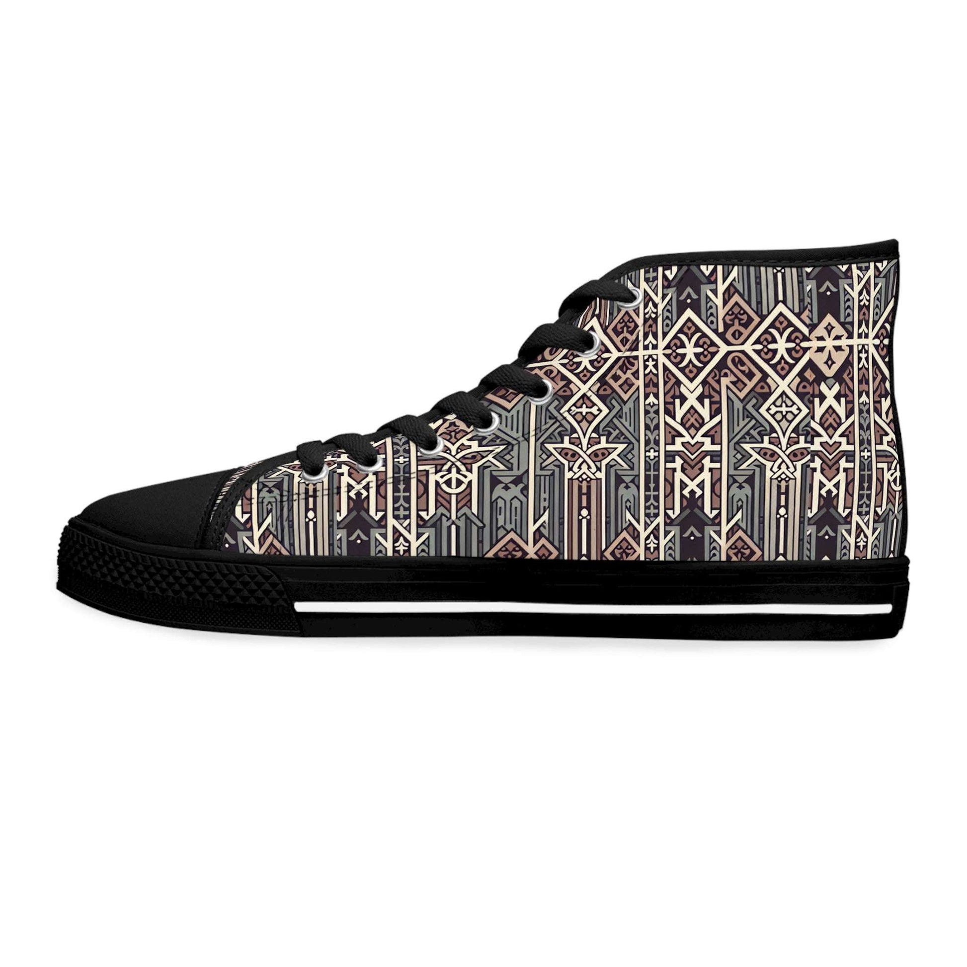 Gothic Glyphs Shadow Weaver Women's High-Top Canvas Sneakers showcase intricate gothic designs for a stylish look.