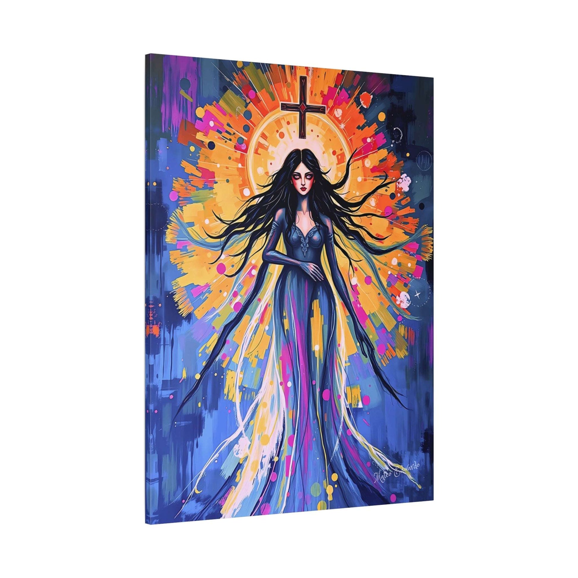 Captivating Celestial Descent: Symbolic Icon Gothic Canvas Art featuring a dynamic female figure in vivid colors.