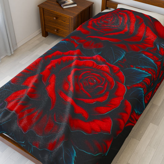 Dramatic Scarlet Thorn Velvet Rose Blanket showcasing vivid red roses and dark thorns, perfect for stylish comfort.