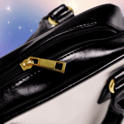 Stylish Amethyst Edge: Abstract Form Shoulder Bag showcasing a bold black zipper and modern design elements.