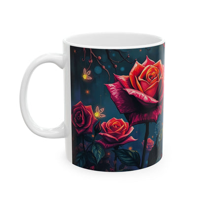 Twilight Rose Lantern Ceramic Mug features vibrant roses against a shadowed backdrop, perfect for cozy moments.