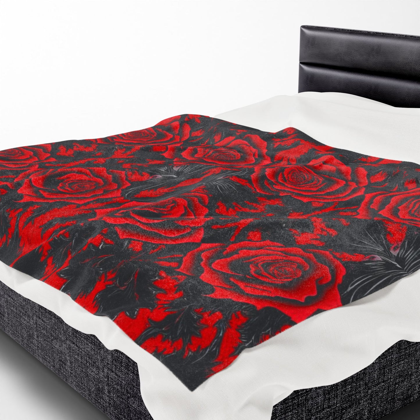 Cozy up with the Crimson Bloom: Shadow Rose Blanket, adorned with vibrant crimson roses and dark, elegant patterns.