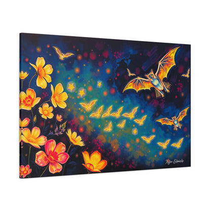 Captivating Emberwing Bat Constellation Canvas Art features glowing bats and vibrant flowers against a cosmic backdrop.