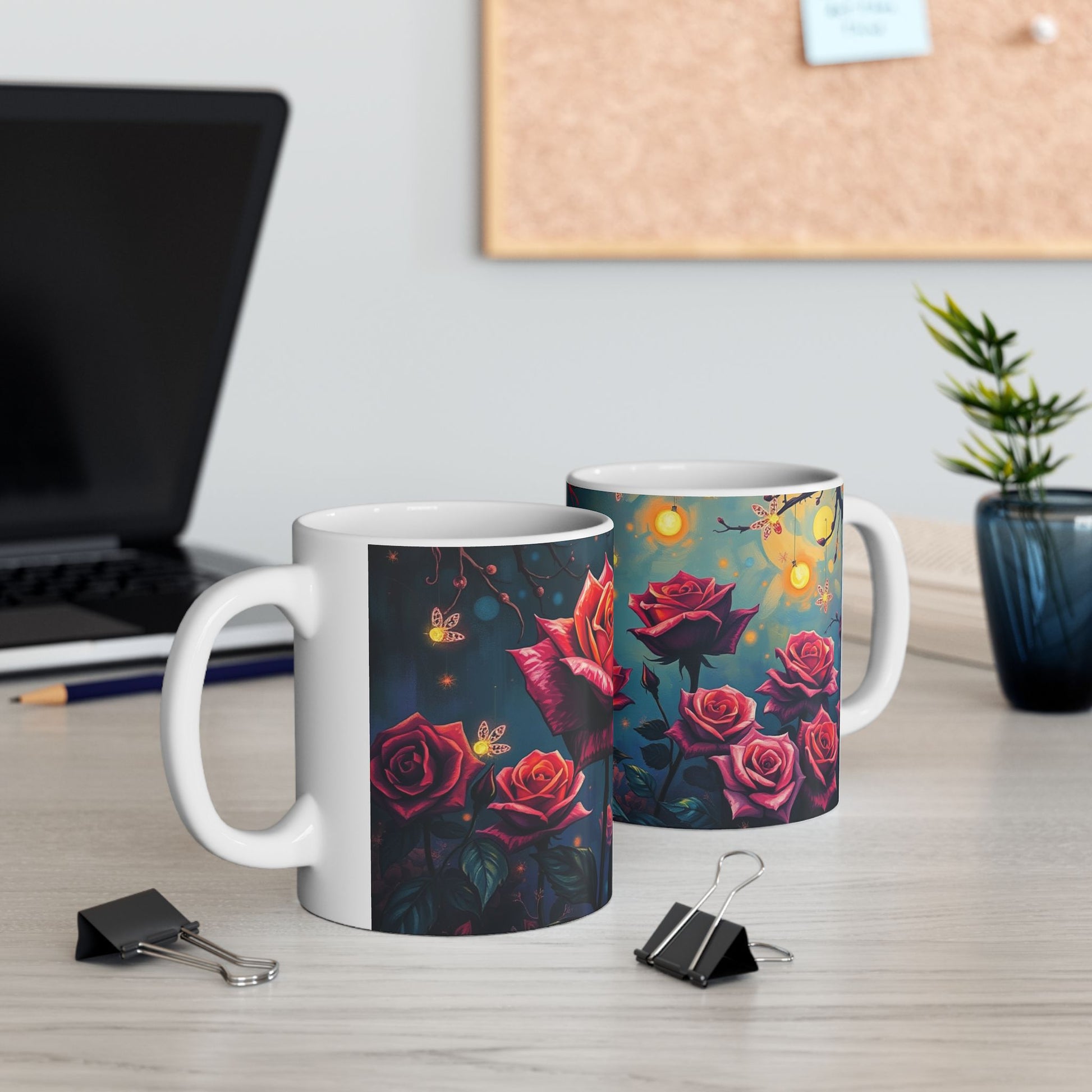 Elevate your drinkware collection with the Twilight Rose Lantern Ceramic Mug, featuring vibrant roses and whimsical glow.