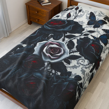Cozy up with the Midnight Petals: Noir Rose Velveteen Blanket, featuring stunning noir roses and delicate butterflies.