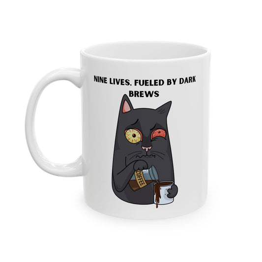 Nine Lives, Fueled By Dark Brews Gothic Coffee Mug showcases a quirky cat design perfect for coffee lovers.